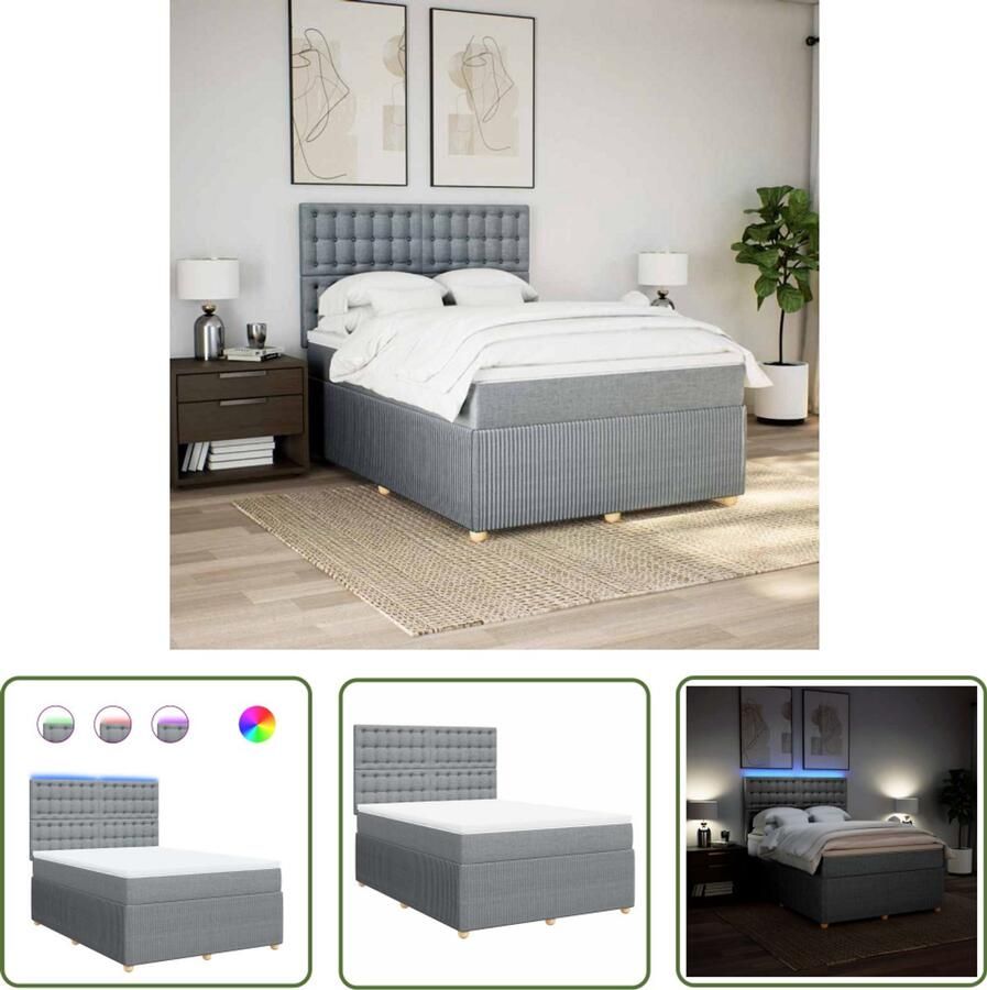VidaXL Boxspring met matras stof lichtgrijs 160x200 cm Boxspring Boxspringbed Matras Led Verlichting Hoofdbord