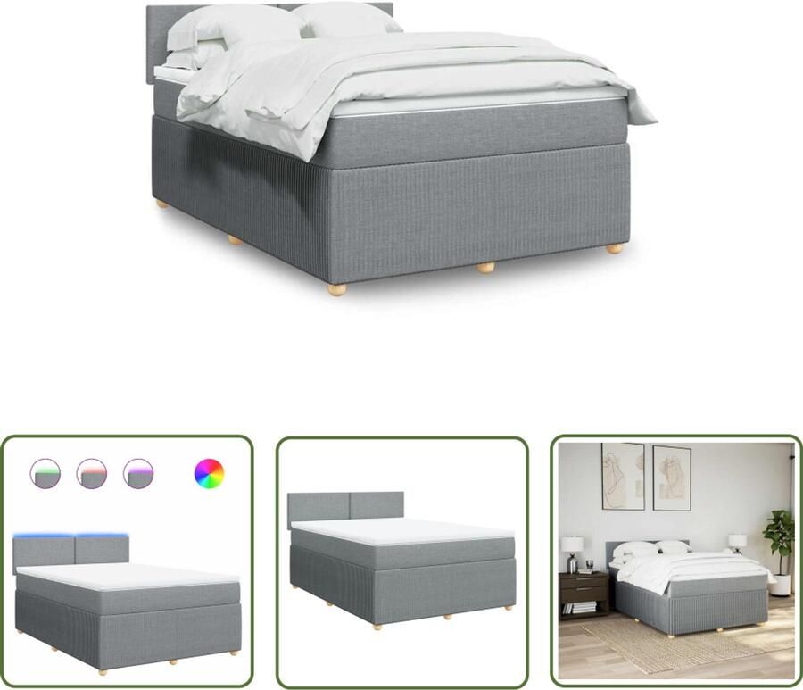 VidaXL Boxspring met matras stof lichtgrijs 160x200 cm Boxspring Boxspringbed Matras Led Verlichting Pocketvering