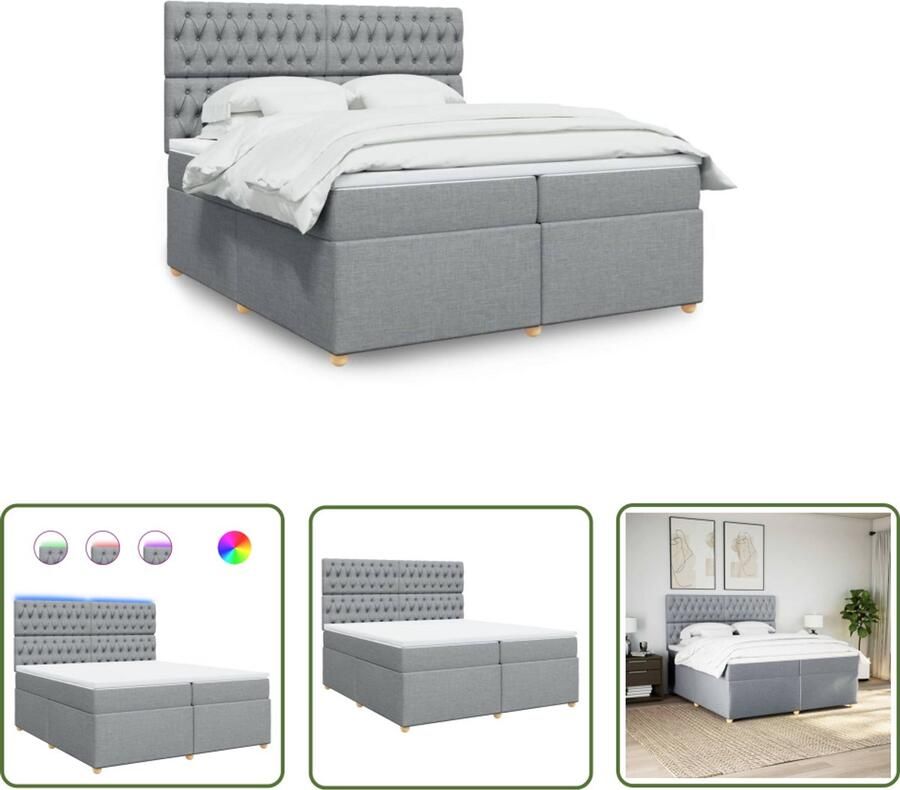 VidaXL Boxspring met matras stof lichtgrijs 200x200 cm Boxspring Boxspringbed Matras Led Verlichting Hoofdbord