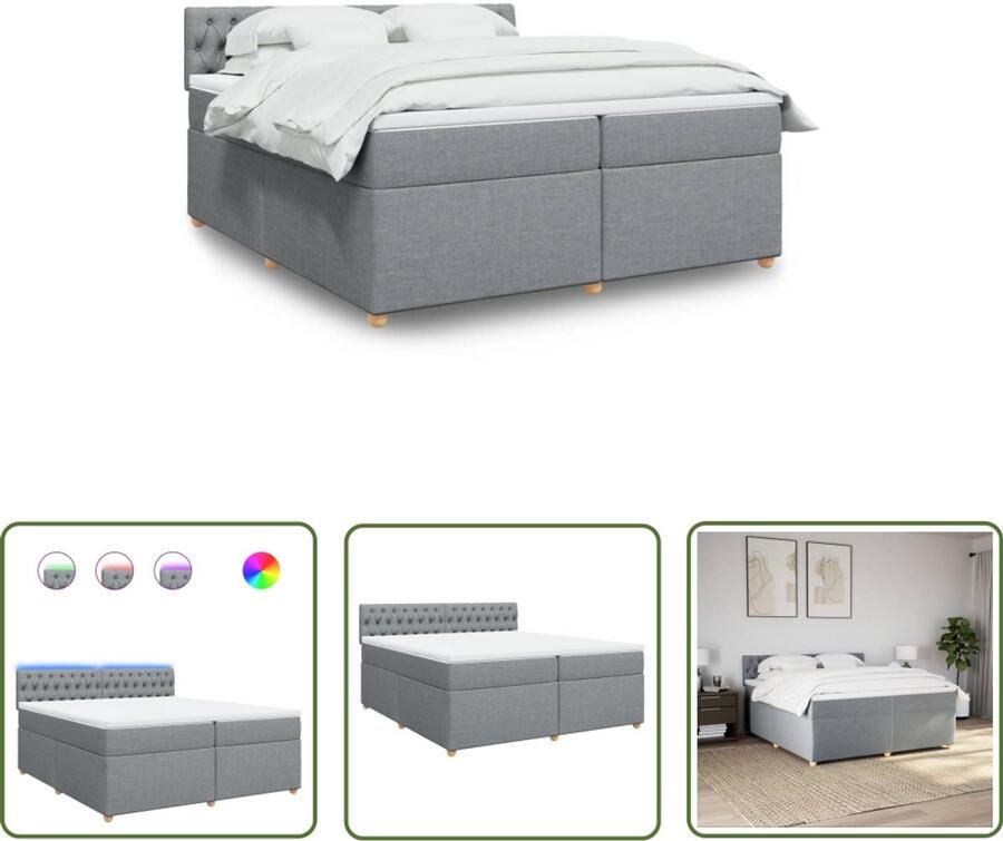VidaXL Boxspring met matras stof lichtgrijs 200x200 cm Boxspring Boxspringbed Matras Pocketveringmatras Led Verlichting