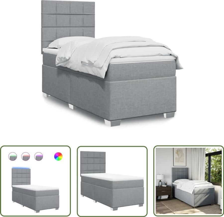 VidaXL Boxspring met matras stof lichtgrijs 80x200 cm Boxspring Boxspringbed Tweepersoonsbed Licht Grijs Bed Led Lamp