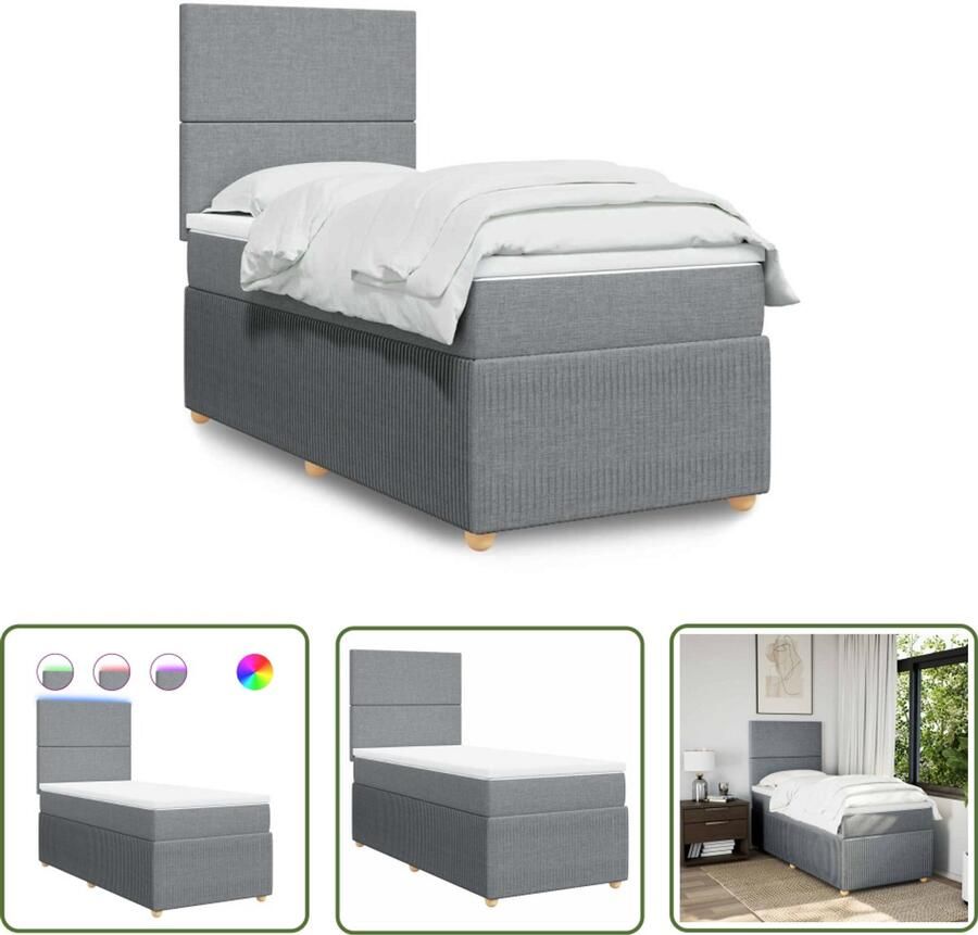 VidaXL Boxspring met matras stof lichtgrijs 90x190 cm Boxspring Boxspringbed Matras Led Verlichting Hoofdbord