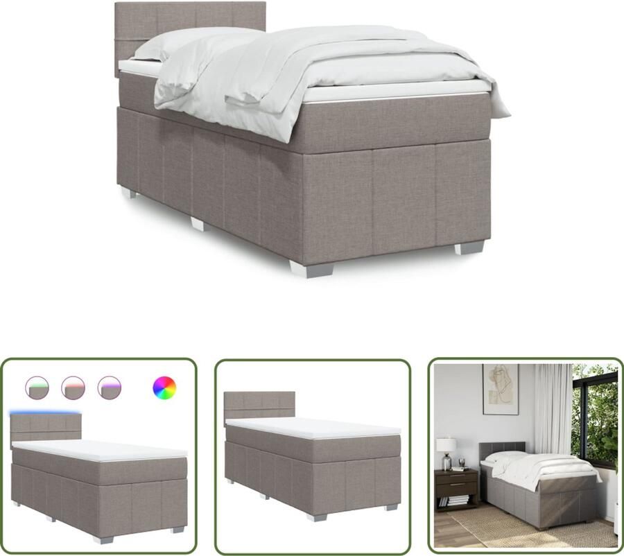 VidaXL Boxspring met matras stof taupe 100x200 cm Boxspring Boxspringbed Led Lamp Pocketveringmatras Matras Topper