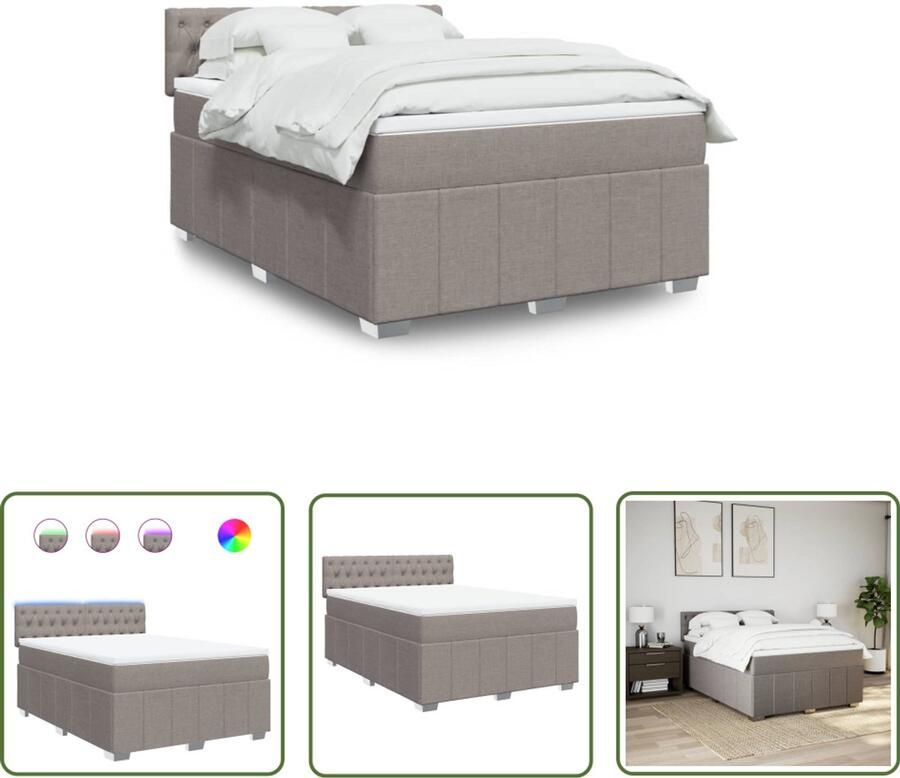 VidaXL Boxspring met matras stof taupe 160x200 cm Boxspring Boxspringbed Matras Led Verlichting Pocketvering