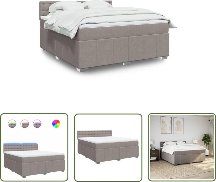 VidaXL Boxspring met matras stof taupe 180x200 cm Boxspring Boxspringbed Matras Tapijt Led Verlichting