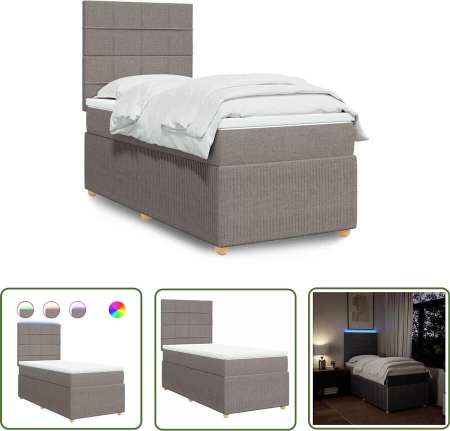 VidaXL Boxspring met matras stof taupe 90x190 cm Boxspring Boxspringbed Matras Led Verlichting Pocketvering