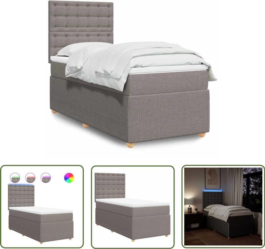 VidaXL Boxspring met matras stof taupe 90x200 cm Boxspring Boxspringbed Matras Led Verlichting Tapijt