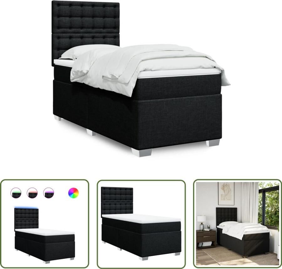 VidaXL Boxspring met matras stof zwart 100x200 cm Boxspring Boxspringbed Matras Led Verlichting Hoofdbord
