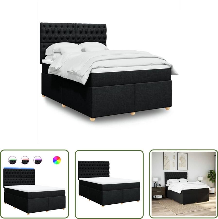 VidaXL Boxspring met matras stof zwart 160x200 cm Boxspring Boxspringbed Led Verlichting Matras Pocketvering