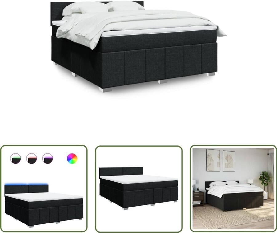 VidaXL Boxspring met matras stof zwart 180x200 cm Boxspring Boxspringbed Led-verlichting Pocketveringmatras Matras Topper