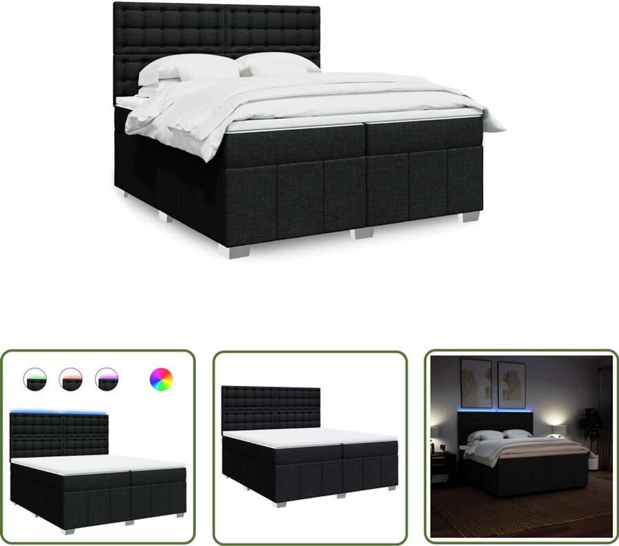 VidaXL Boxspring met matras stof zwart 200x200 cm Boxspring Boxspringbed Led Verlichting Pocketveringmatras Matras