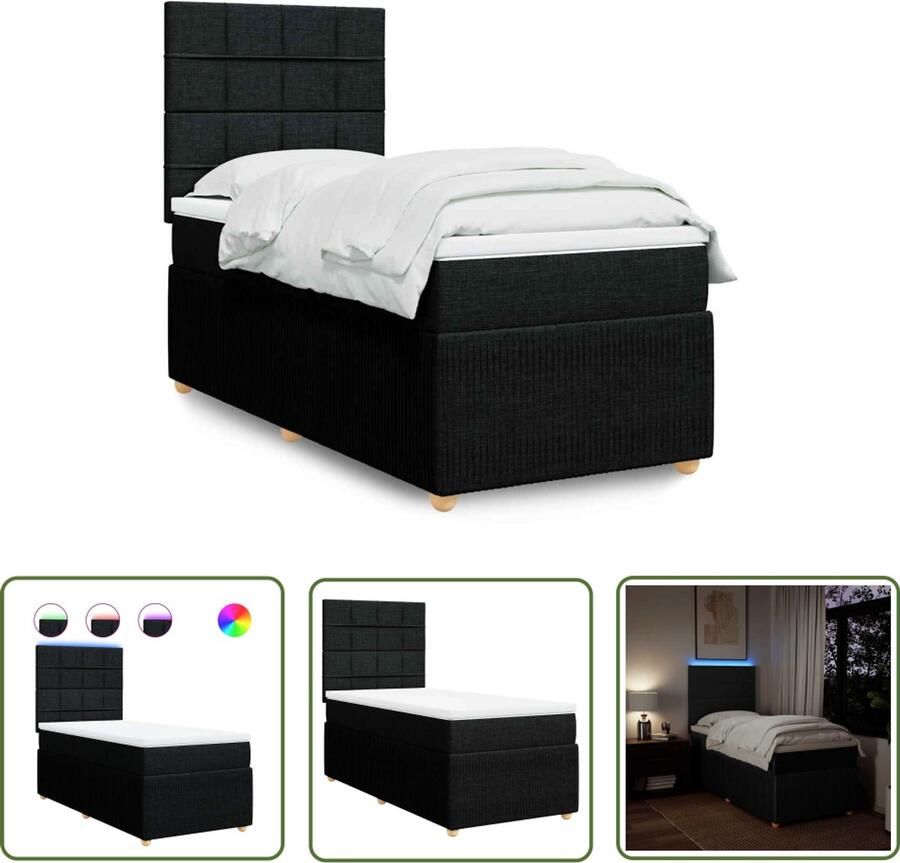 VidaXL Boxspring met matras stof zwart 90x200 cm Boxspring Boxspringbed Matras Led Verlichting Hoofdbord