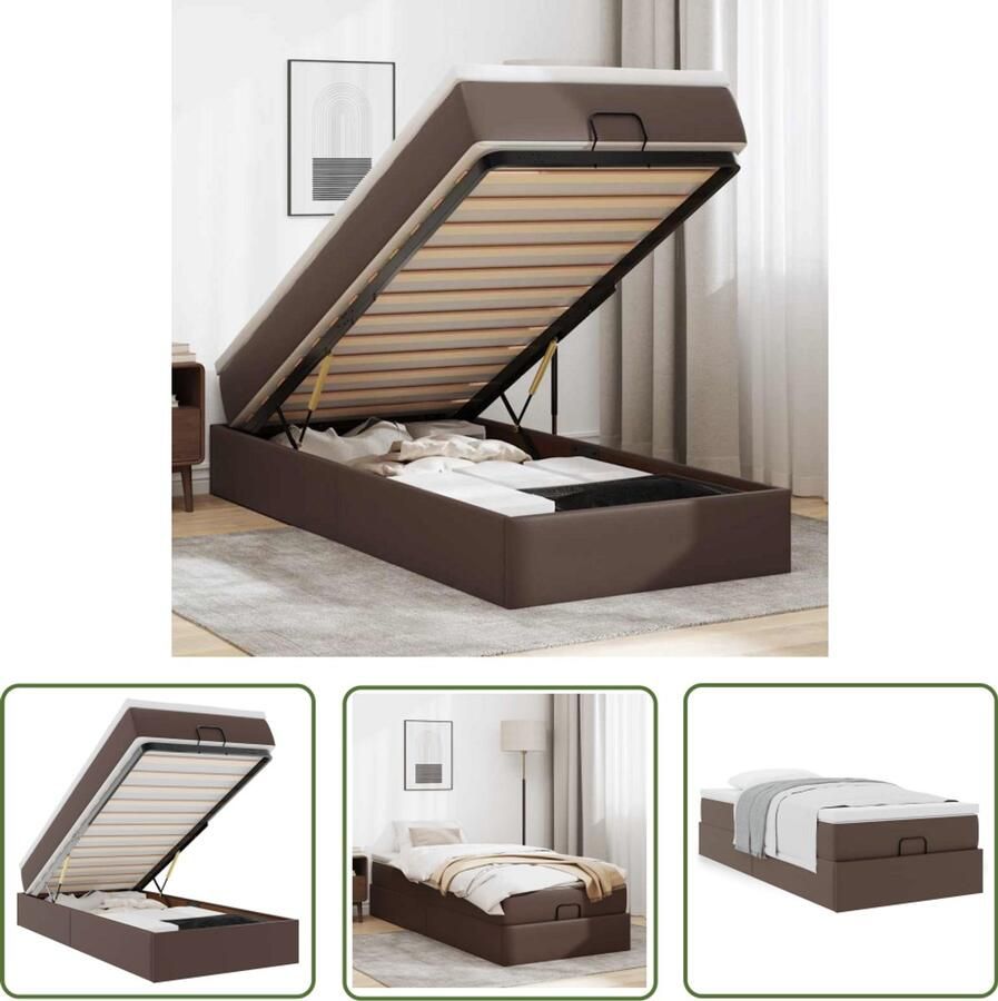 VidaXL Boxspringbed Ottoman Bed Ottoman bed met matras 100x200cm kunstleer bruin Slaapcomfort Opbergruimte Hoofdbord