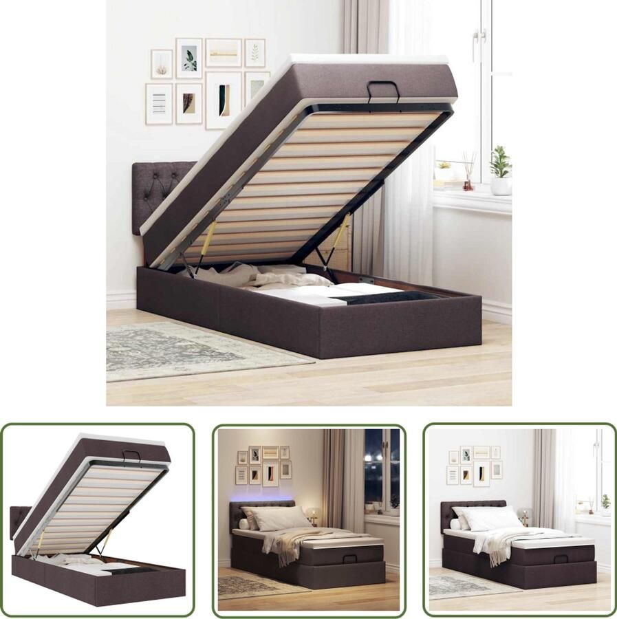 VidaXL Boxspringbed Ottoman Bed Ottoman bed met matras en LED's 100x200 cm stof donkerbruin Tweepersoonsbed Led Lamp Opbergruimte