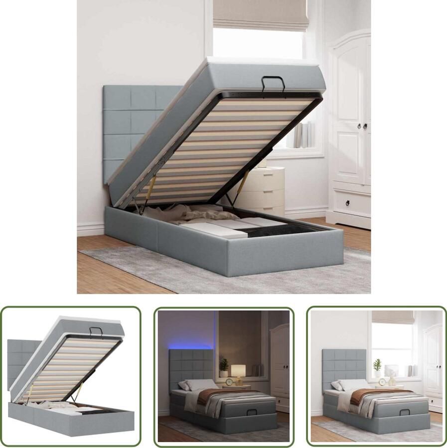 VidaXL Ottoman Bed Bedpoef Bed poef met matras en LED's 90x200 cm stof lichtgrijs Slaapbank Boxspring Led Lamp