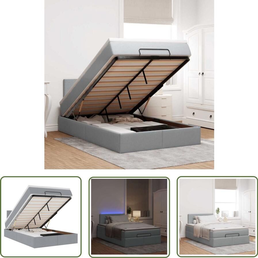 VidaXL Boxspringbed Ottoman Bed Ottoman bed met matras en LED's 120x190 cm stof lichtgrijs Led Lamp Slaapcomfort Opbergruimte