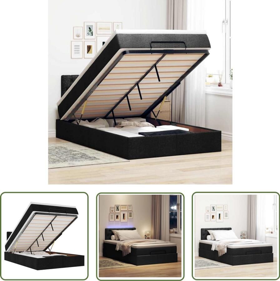 VidaXL Ottoman bed met matras en LED's 120x200 cm stof zwart Ottoman Bed Boxspringbed Led Lamp Slaapcomfort Opbergruimte
