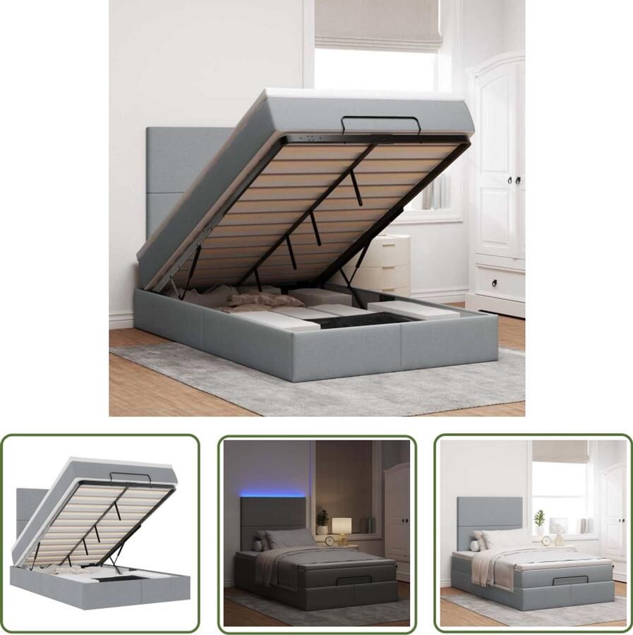 VidaXL Ottoman bed met matras en LED's 120x200cm stof lichtgrijs Ottoman Bed Boxspringbed Led Lampen Slaapcomfort Opbergruimte