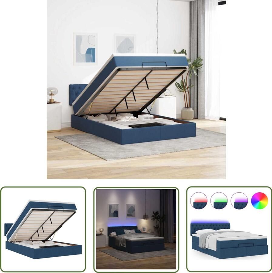 VidaXL Ottoman bed met matras en LED's 140x200cm stof blauw Ottoman Bed Boxspringbed Led Bed Slaapcomfort Slaapbank