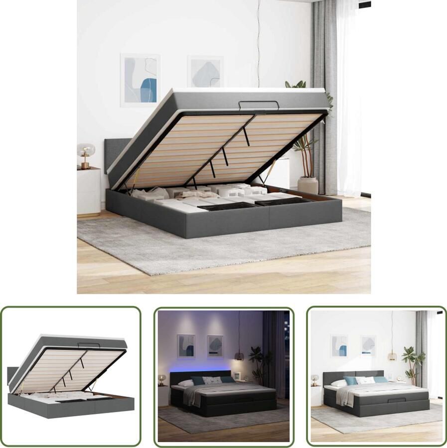 VidaXL Boxspringbed Ottoman Bed Ottoman bed met matras en LED's 160x200cm stof donkergrijs Led Lamp Opbergruimte Matras