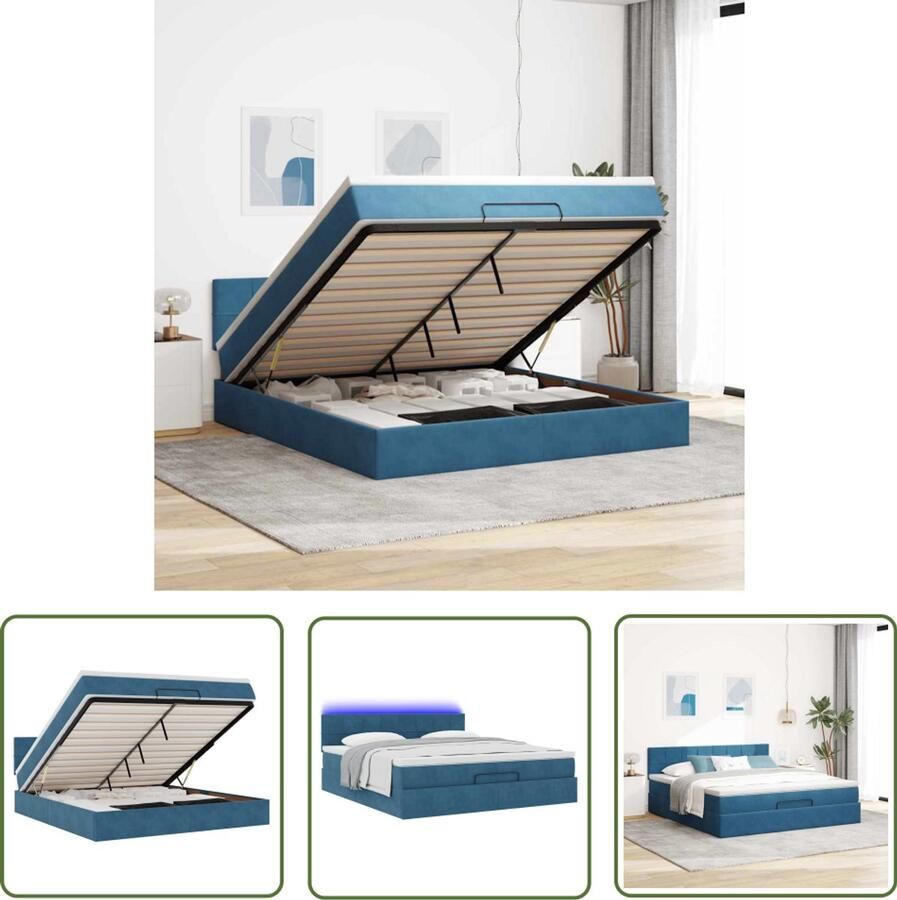 VidaXL Boxspringbed Ottoman Bed Ottoman bed met matras en LED's 180x200 cm fluweel donkerblauw Tweepersoonsbed Velvet Bed Dark Blue Bed