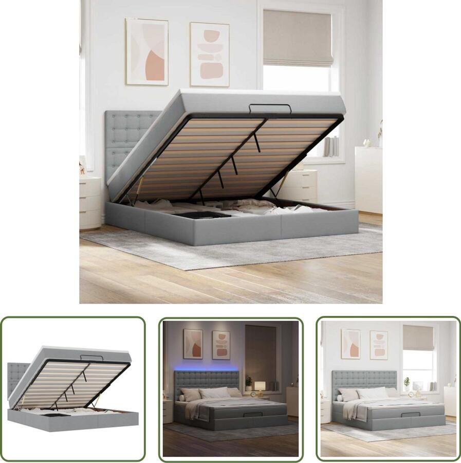 VidaXL Boxspringbed Ottoman Bed Ottoman bed met matras en LED's 180x200cm stof lichtgrijs Slaapcomfort Led Verlichting Opbergruimte
