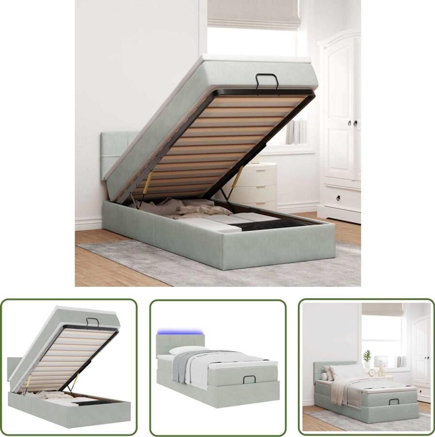 VidaXL Boxspringbed Ottoman Bed Ottoman bed met matras en LED's 90x200cm fluweel lichtgrijs Tweepersoonsbed Slaapcomfort Led Verlichting