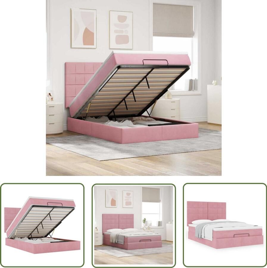 VidaXL Ottoman bed met matrassen 140x200cm fluweel roze Ottoman Bed Boxspringbed Tweepersoonsbed Slaapcomfort Opslagmogelijkheden