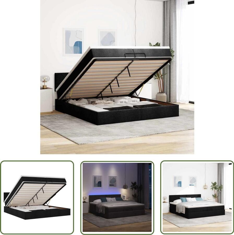 VidaXL Boxspringbed Ottoman Bed Ottoman bed met matrassen en LED's 200x200cm stof zwart Tweepersoonsbed Led Lampen Opbergruimte Bed