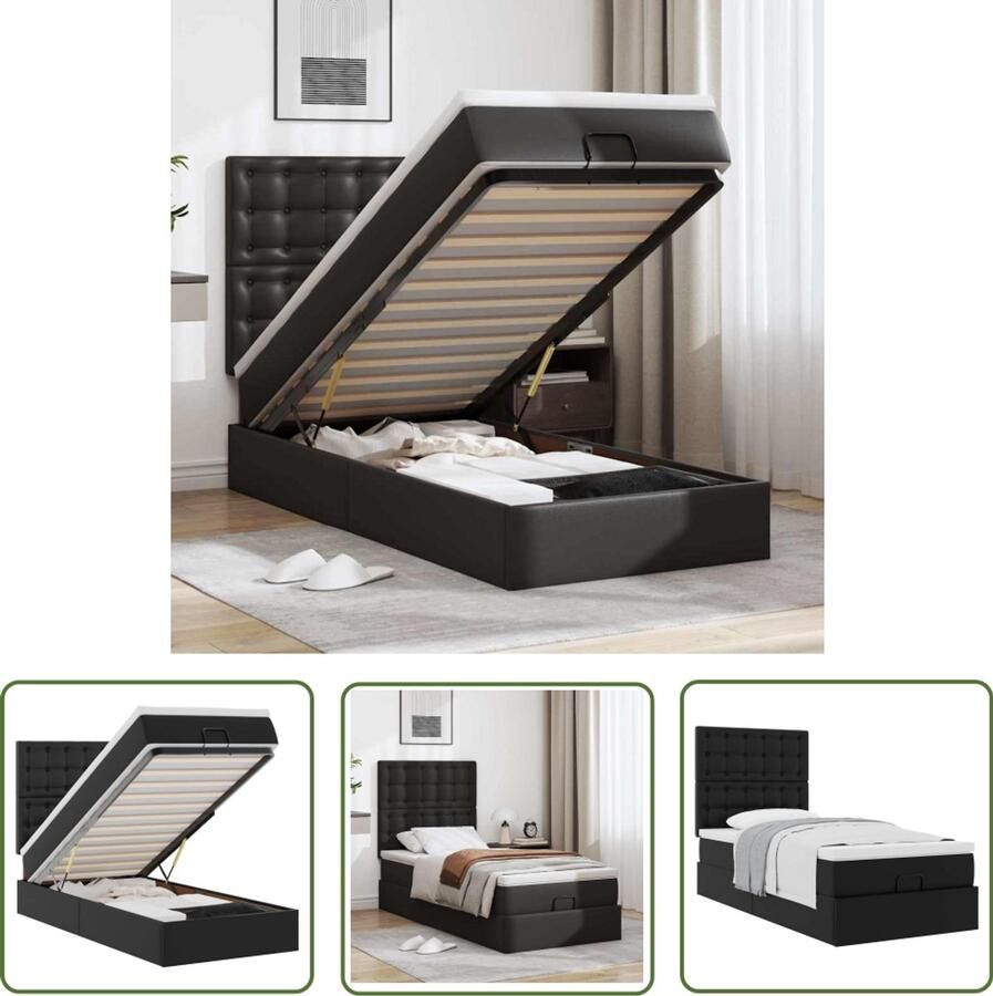 VidaXL Boxspringbed Ottomantisch Bed Ottomaanse bed met matras 100x200cm kunstleer zwart Slaapbank Opslagbed Lederen Bed