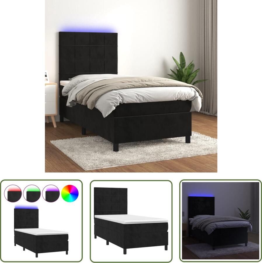 The Living Store Boxspring Zachte fluwelen stof Verstelbaar hoofdbord Kleurrijke LED-verlichting Pocketvering matras Huidvriendelijk topmatras 193x90x118 128 cm Boxspring Boxsprings Tweepersoonsbed Velvet Bed Led Bed
