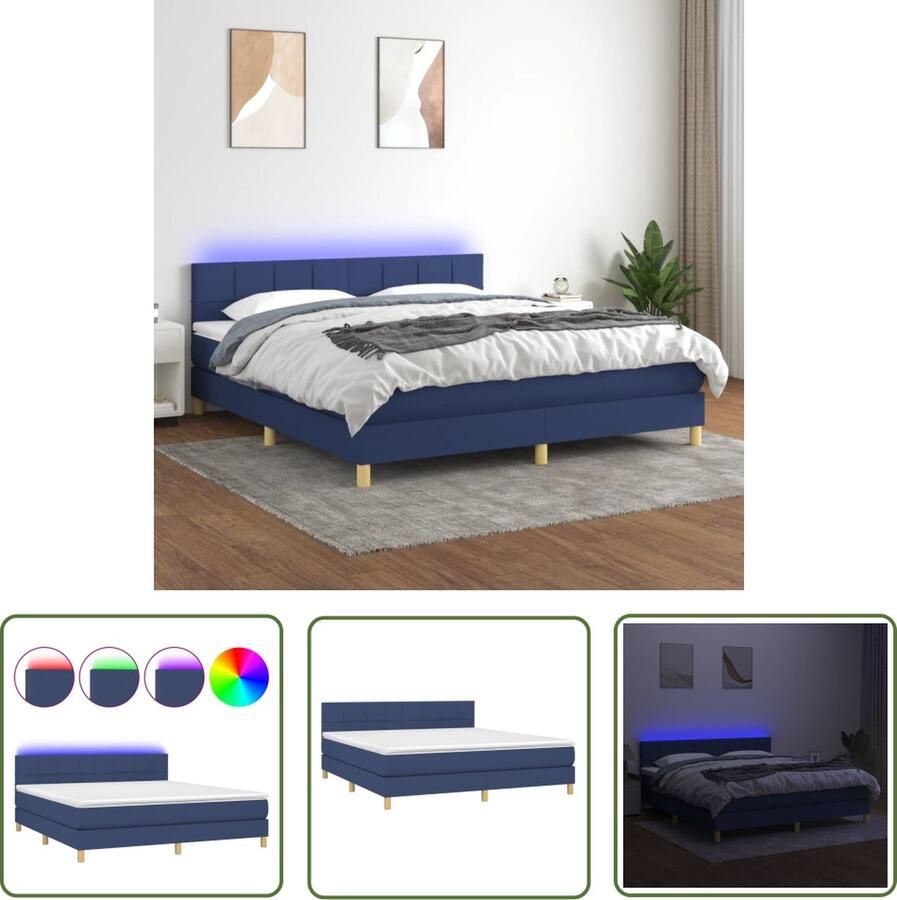 The Living Store Boxspring Blauw 180x200 Verstelbaar hoofdbord LED-verlichting Boxspring Boxsprings Bed Beds Led Lamp
