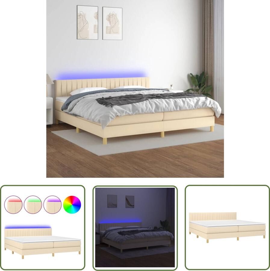 The Living Store Boxspring Pocketvering Matras 203 x 200 cm Kleur Crème Verstelbaar hoofdbord Met kleurrijke LED-verlichting Huidvriendelijk topmatras Duurzaam materiaal Montagehandleiding inbegrepen