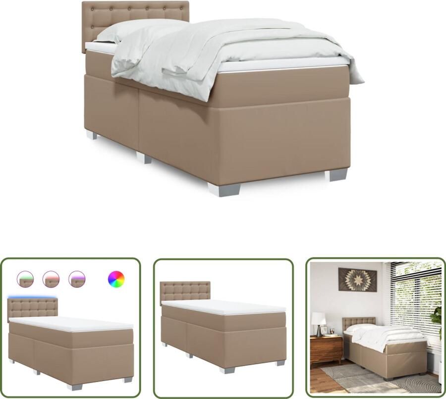 VidaXL Boxspring met matras kunstleer cappuccinokleurig 100x200 cm Boxspring Boxsprings Kapstok Lederlook Led Verlichting