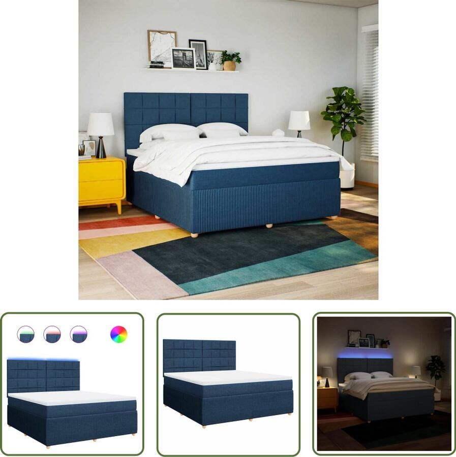 VidaXL Boxspring met matras stof blauw 180x200 cm Boxspring Boxsprings Tweepersoonsbed Bed Frame Led Verlichting