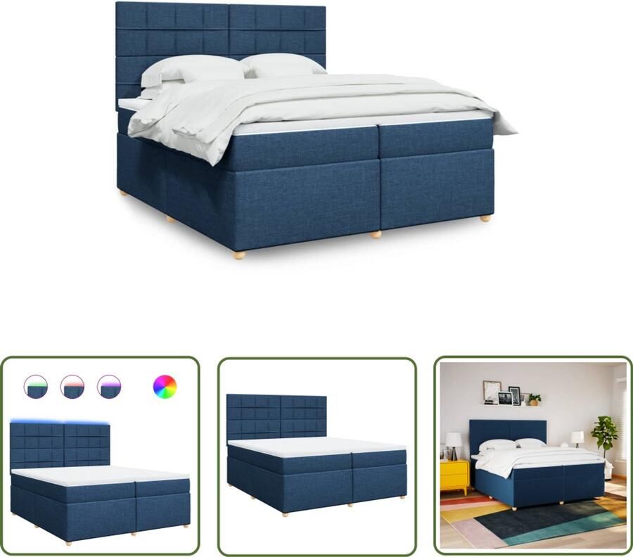 VidaXL Boxspring met matras stof blauw 200x200 cm Boxspring Boxsprings Tweepersoonsbed Bed Frame Led Verlichting
