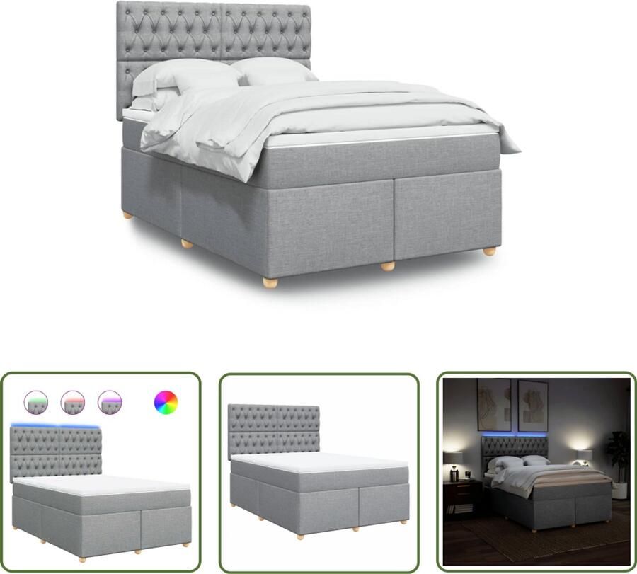 VidaXL Boxspring met matras stof lichtgrijs 140x190 cm Boxspring Boxsprings Bed Frame Tweepersoonsbed Led Verlichting
