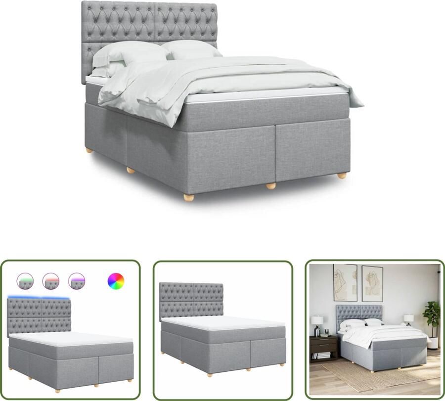 VidaXL Boxspring met matras stof lichtgrijs 140x200 cm Boxspring Boxsprings Bed Frame Tweepersoonsbed Led Verlichting