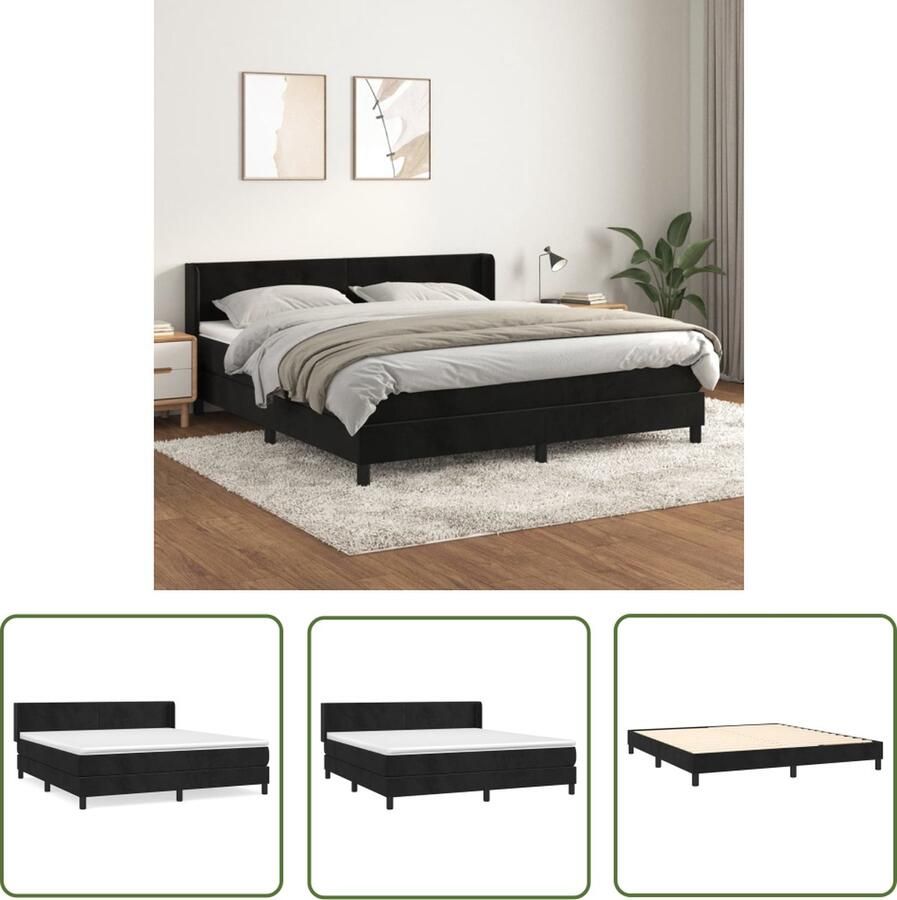 The Living Store Boxspringbed Zwart fluwelen bedframe 160x200x78 88 cm Pocketvering matras Middelharde ondersteuning Huidvriendelijk topmatras Boxspringbed Zwarte Boxspring Velvet Bed Frame Tweepersoons Bed King Size Bed
