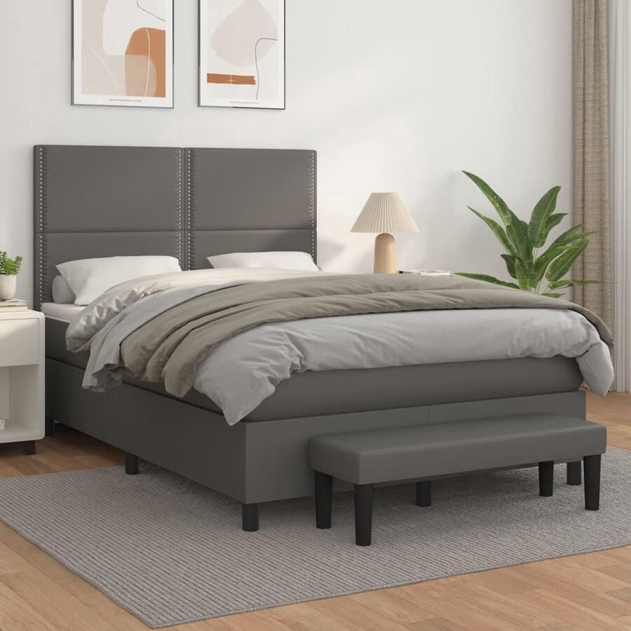 The Living Store Boxspring met matras kunstleer grijs 140x200 cm Boxspringbed Boxsprings Slaapkamerinrichting Bed Frame Tweepersoonsbed