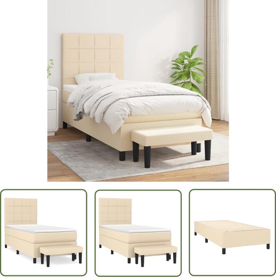 The Living Store Boxspringbed Pocketvering Middelharde ondersteuning Crème 193 x 90 x 118 128 cm Verstelbaar hoofdbord Huidvriendelijk topmatras Multifunctioneel bankje