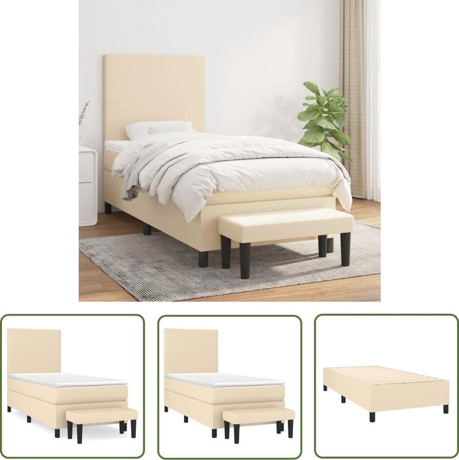 The Living Store Boxspringbed Pocketvering Middelhard 203 x 90 x 118 128 cm Crème Inclusief matras topmatras hoofdeind en bankje Boxspringbed Boxsprings Slaapkamerinrichting Tweepersoonsbed Cremekleurig Bed