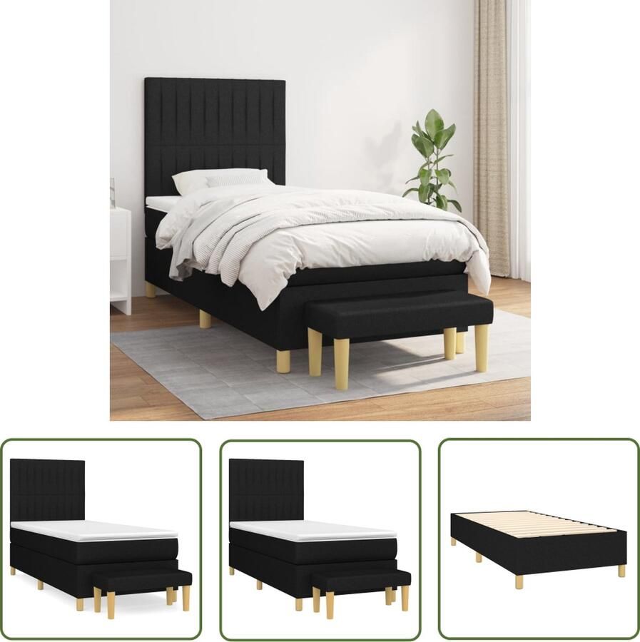 The Living Store Boxspringbed Comfort Bed 193 x 90 x 118 128 cm Zwart stof Hoofdbord verstelbaar Pocketvering matras Middelharde ondersteuning Huidvriendelijk topmatras Multifunctioneel bankje Inclusief montagehandleiding