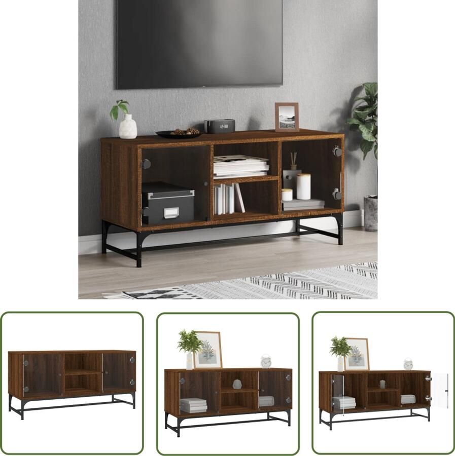 The Living Store Tv-meubel met glazen deuren 102x37x50 cm bruineikenkleurig Tv-meubel Bruin Houten Tv-meubel Houtskelet Tv-standaard Mediacaft Kast Met Glazen Deuren