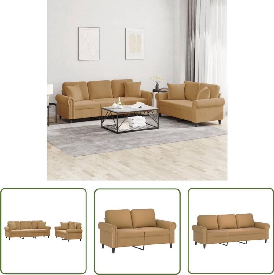 The Living Store 2-delige Loungeset met kussens fluweel bruin Loungebank Bruine Bank Velvet Bank Bankstellen Salon Meubilair