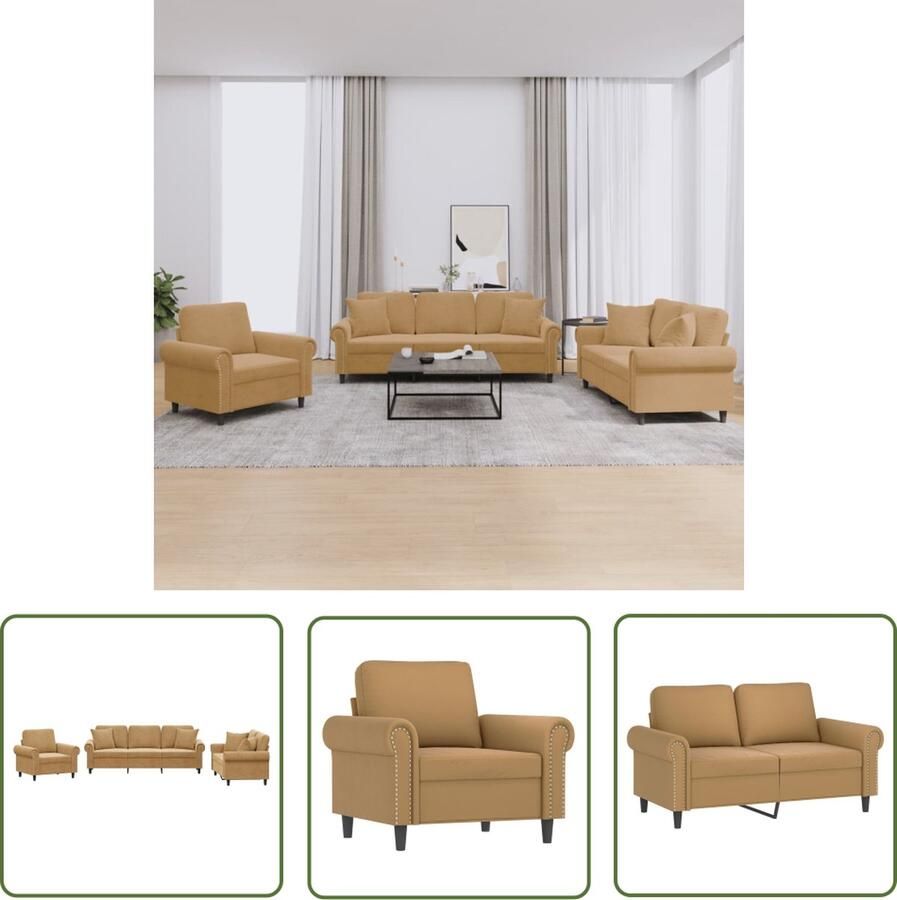 The Living Store 3-delige Loungeset met kussens fluweel bruin Loungebank Bruine Bank Fluwelen Bank Bankstel Salonmeubel