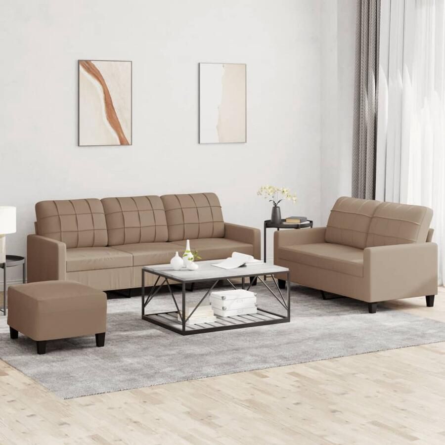 The Living Store 3-delige Loungeset met kussens kunstleer cappuccino Loungeset Bruine Bank Lederlook Bank 2 Persoons Bank 3 Persoons Bank