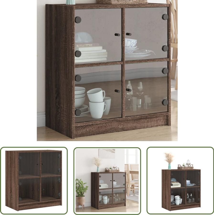 The Living Store Bijzetkast met glazen deuren 68x37x75 5 cm bruin eikenkleur Dressoir Bijzettafel Houten Kast Vintage Kast Bruine Eiken Kleur