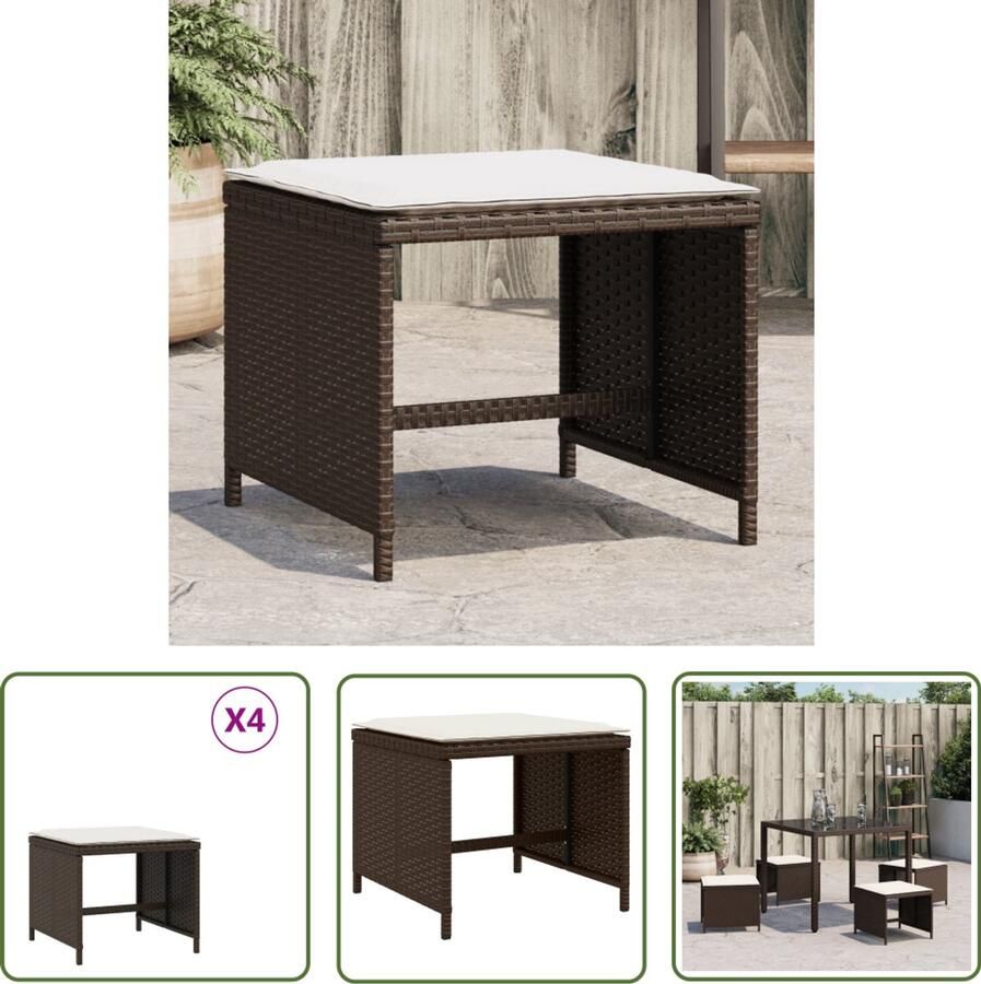 The Living Store Tuinkrukken 4 st met kussens 40x40x35 cm poly rattan bruin Tuinkrukken Buitendecoratie Lounge Stoel Patio Meubel Garden Furniture