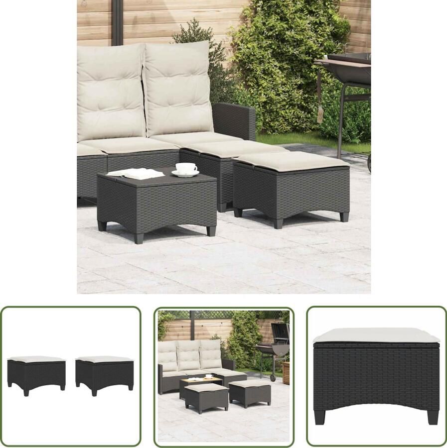 The Living Store Tuinkrukken met kussens 2 st 55x55x36 cm poly rattan zwart Tuinkrukken Buitendecoratie Lounge Relaxen Garden Furniture